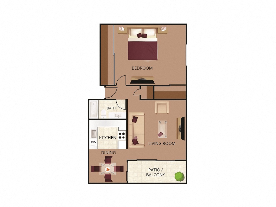 Floor plan for 1 bed, 1 bath, 650 sqft